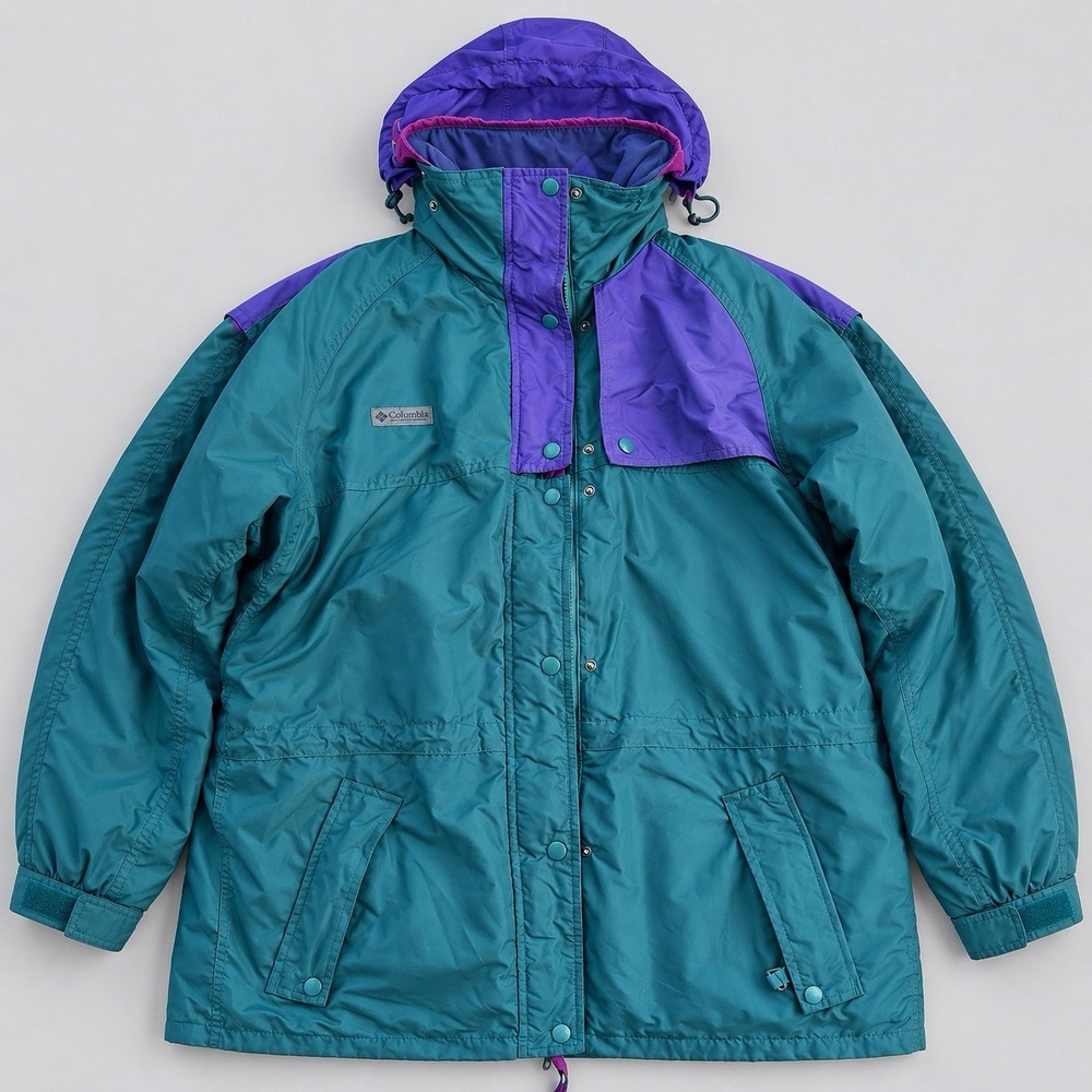 Vintage Columbia Winter Coat Color Block Teal Eagle Cap Reversible EUC XL